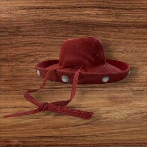 Red Woven Floppy Sun Hat with Rhinestones‎ Summer Beach Vacation